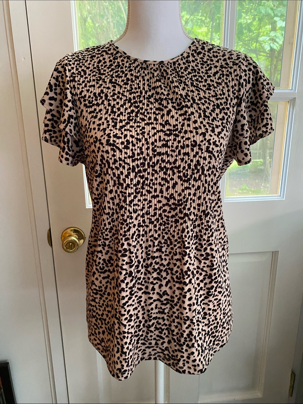 Adrianna Papell Cream and Black Leopard Flutter Sleeve Blouse